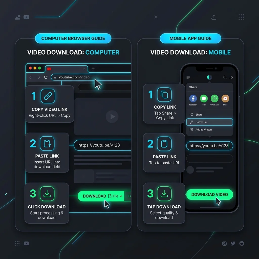 Step by step interface guide on mobile and PC screen for Instagram Downloader