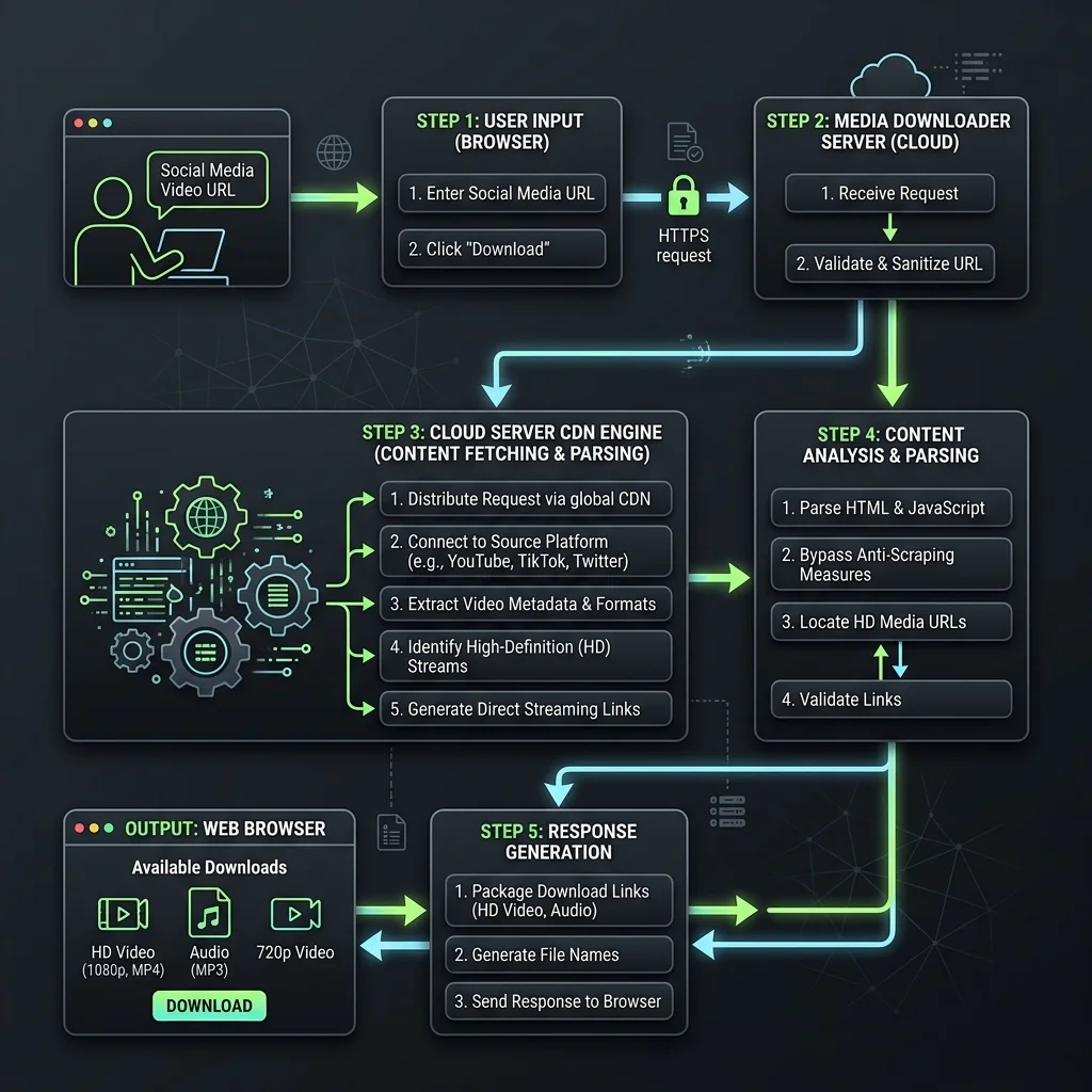Threads media downloader flow chart detailing JSON metadata parsing and CDN fetch
